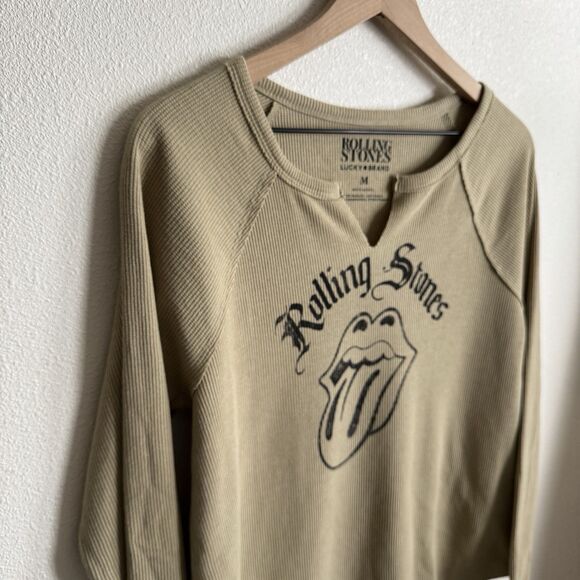 Lucky Brand Rolling Stones Top Womens Medium Brown Waffle Thermal Tongue Graphic - Picture 6 of 14